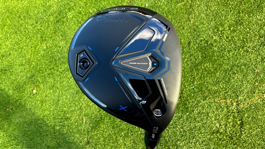 Cobra Darkspeed X Fairway Wood with aerodynamic shaping, lightweight carbon crown, and PWR-BRIDGE weighting for faster ball speed and optimized distance control